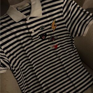 Gucci Navy and White Striped Polo with Patches